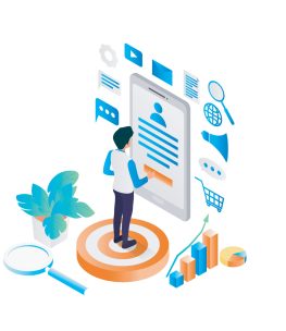 isometric-style-illustration-about-social-media-marketing-strategy-with-smartphone-and-icon-free-vector